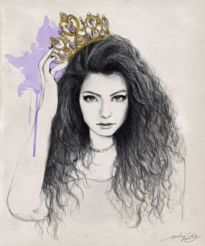 ein Mädchen mit goldener Krone, schwarzes Haar, ein lila Schatten, Kette um Hals, coole Mädchen Bilder