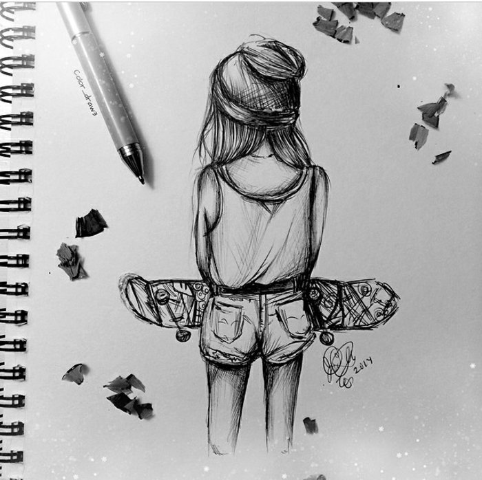 ein kleines Mädchen mit Skateboard, Denimhäuschen und eine weiße Bluse, coole Bilder zeichnen
