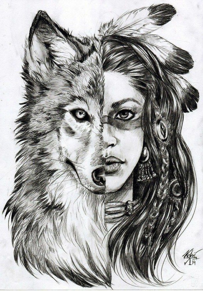 ein Wolf und ein Mädchen, zwei Gesichter von einer jungen Indianerin, coole Bilder zeichnen