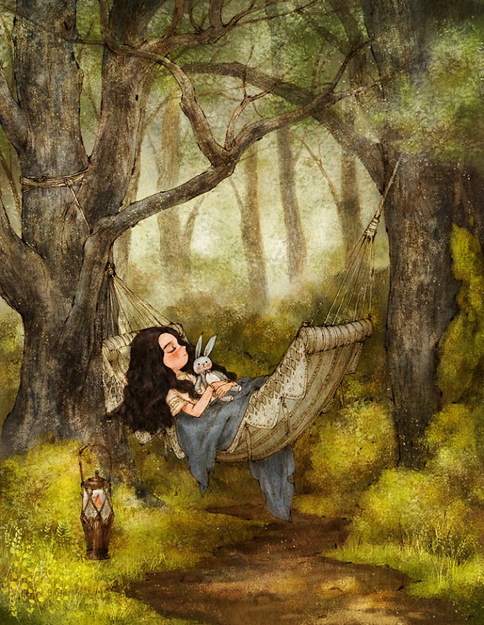 ein Mädchen schläft im Wald und umarmt ein Kuscheltier wie Hase, coole Bilder zeichnen