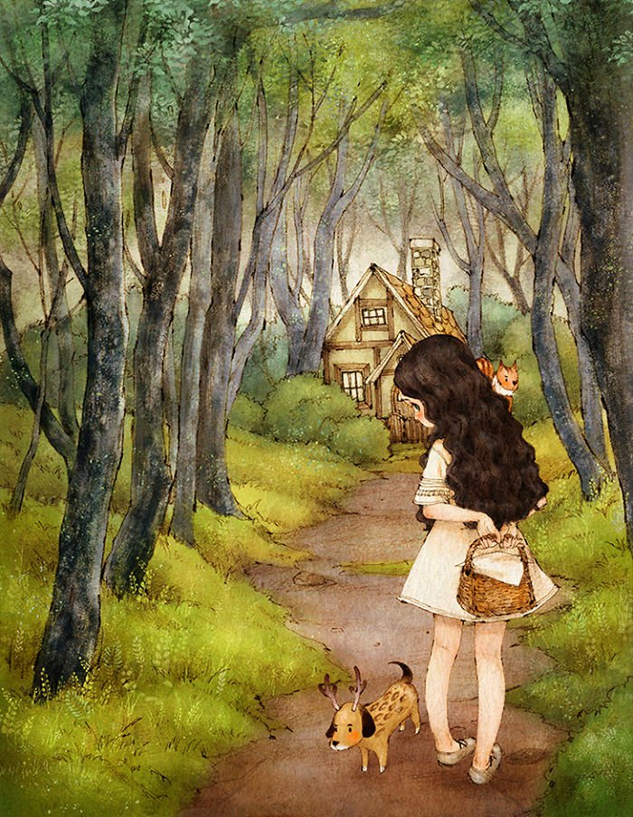 ein kleines Mädchen im Wald, trägt einem Korb und betrachtet ein seltsames Tier, coole Bilder zeichnen