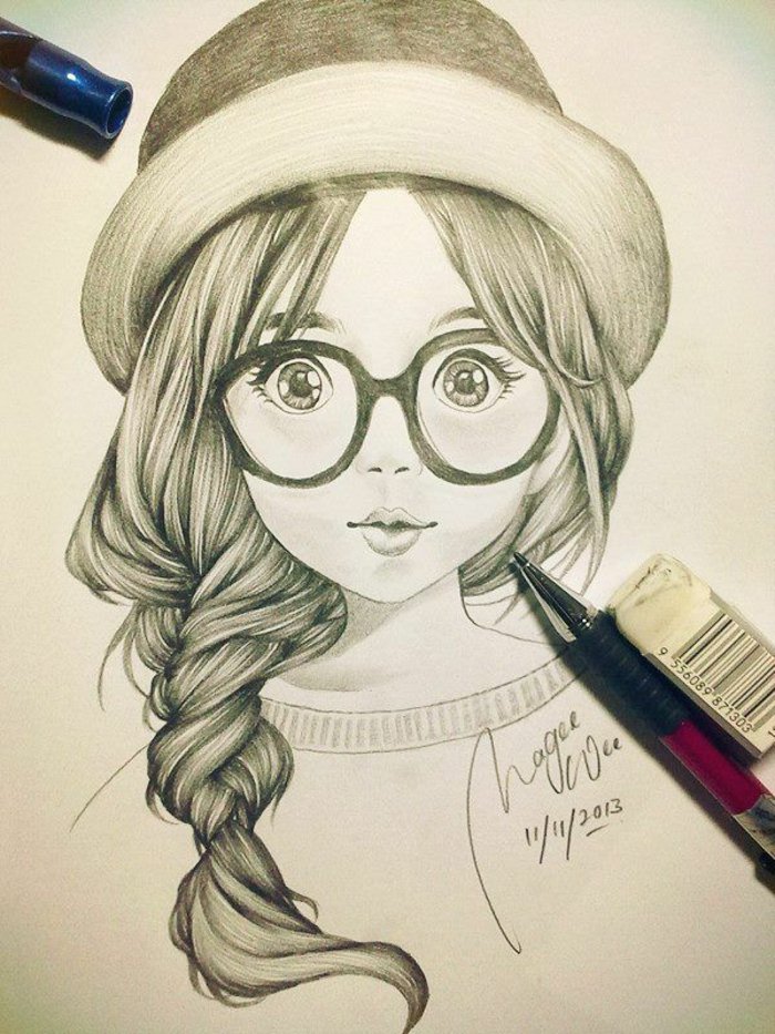 ein Mädchen zeichnen mit Brillen mit großen Rahmen, ein Fischgrät Zopf, ein Hut und Pullover