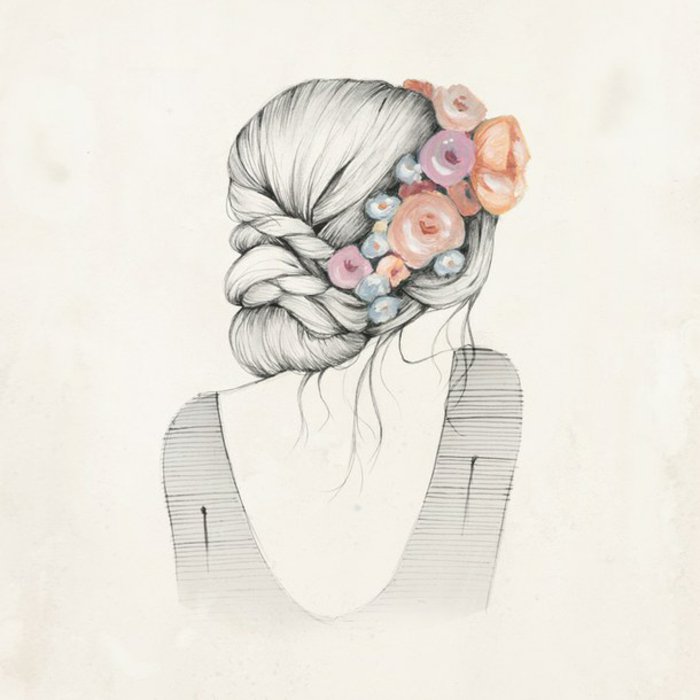 ein Mädchen mit Blumen im Haar, ein schickes Kleid und ein nackter Rücken, schöne Bilder zum Abzeichnen