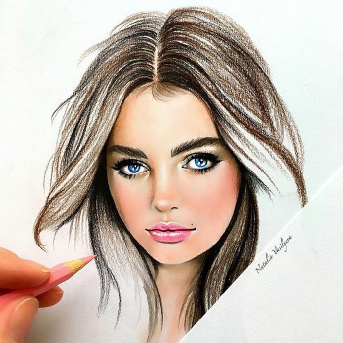 ein hübsches Mädchen, mit rosa Bleistift gezeichnet, blaue Augen und volle Lippen, schöne Bilder zum Abzeichnen