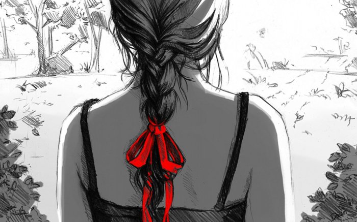 ein Mädchen mit roter Schleife, ein langes Zopf, schwarze Bluse, schöne Bilder zum Abzeichnen