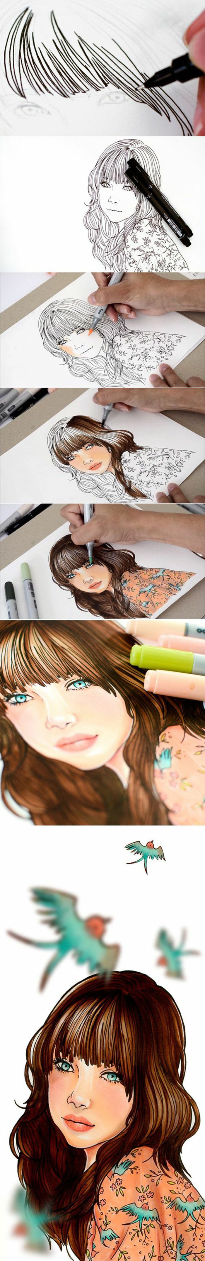 Mädchen zeichnen und färben, ein schönes Mädchen mit blauen Augen und braunem Haar, Gesicht mit Sommersprossen