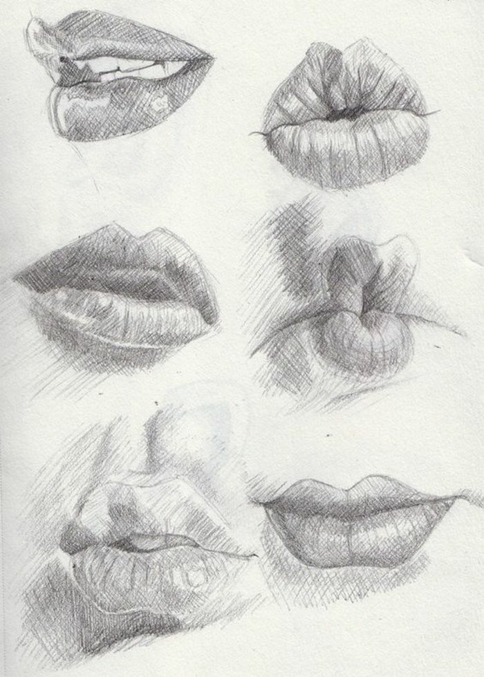 sechs Lippen, Mädchen malen, Lippen, die Kuss geben, Lippen die sich lächeln, halb geöffnete Lippen