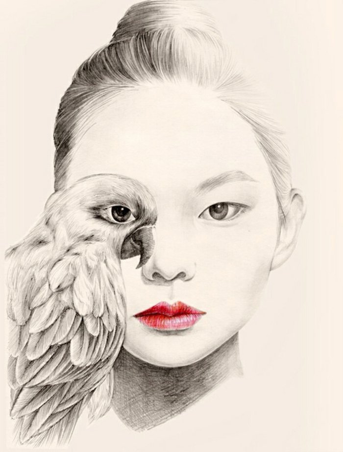 ein Mädchen mit rotem Lippenstift, eine asiathisches Mädchen malen mit einer Papagei wie Ihr Auge