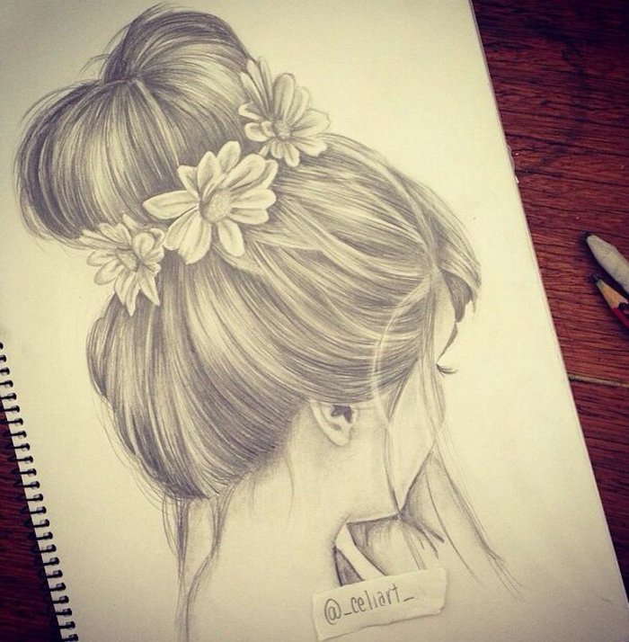 ein Mädchen mit Hochsteckfrisur mit weißen Blumen im Haar, Mädchen malen auf Sammelalbum