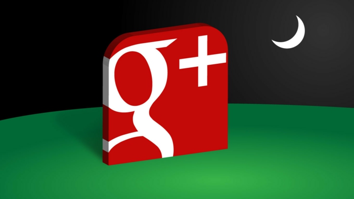 ein Grabstein mit dem Logo von Google+, der Neumond, schwarzer Himmel und grüne Wiese