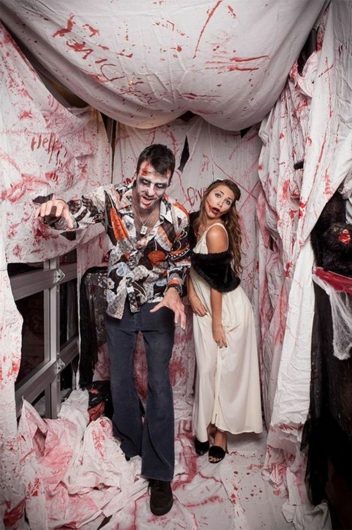 helloween kostüm selber machen, mann und frau, paarkostüme, zombie look zu hause schaffen