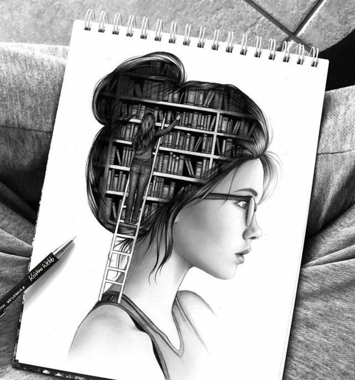 Mädchen zeichnen, im Kopf des Mädchens hat eine Bibliothek, wo sie nach Erinnerungen sucht