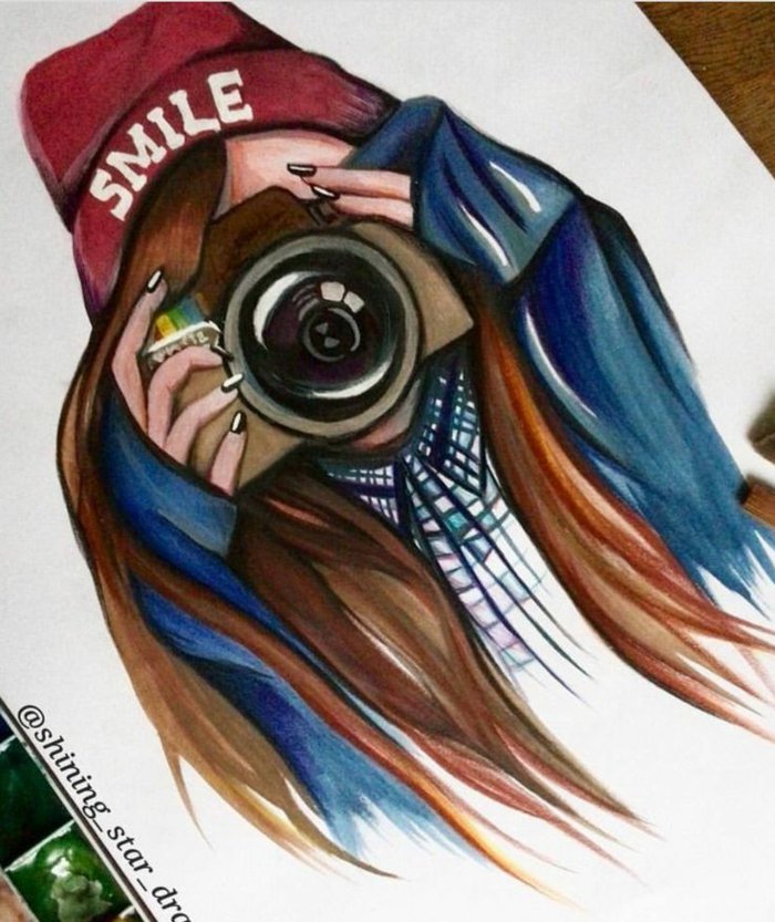 ein Mädchen mit Instagram Fotoaparat, rote Mütze und lange rote Haare, schöne Bilder zum Abzeichnen
