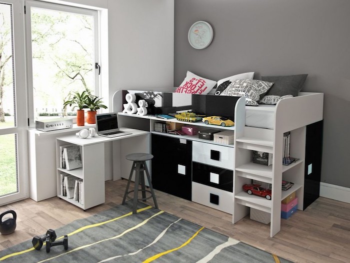 Hochbett mit Schränken und Schubladen, Schreibtisch mit Hocker, Kinderzimmer Einrichtung