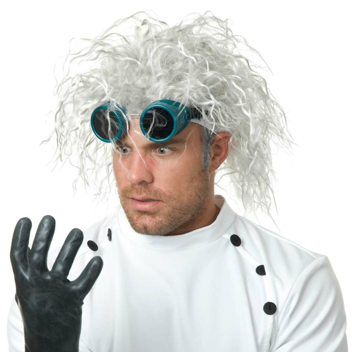 last minute halloween kostüm für männer, verrückter forscher perücke eine schwarze handschuh und weißer anzug für labor