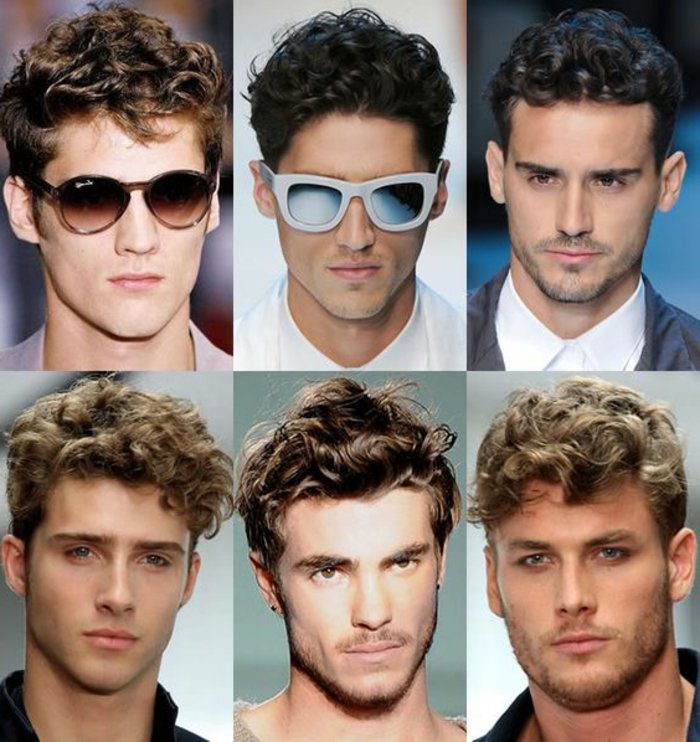 locken schampoo zum superstar look von jedem mann mit natürlich lockigen haaren, collage mit sechs bildern von männern, beispiele für haarstyling