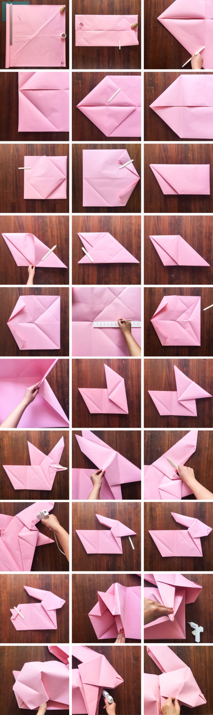 origami osterhase aus rosa papier falten, hase basteln aus papier, anleitung