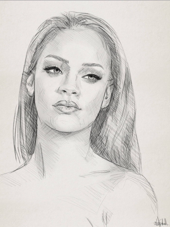 rihanna zeichnung in schwarz grau, portrait mit bleistift, frau