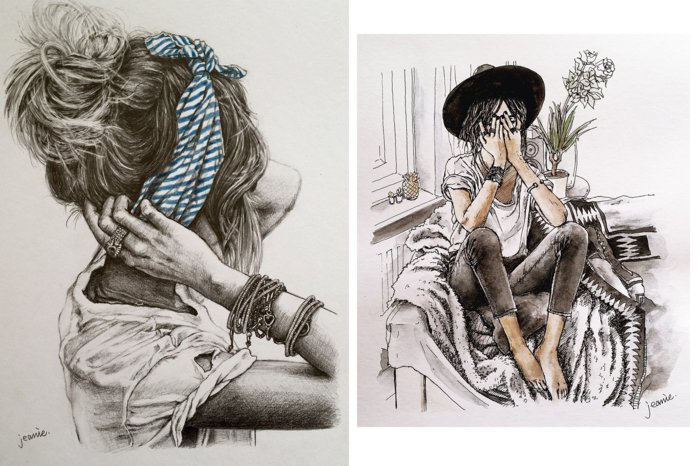 zwei Bilder von Mädchen, schöne Bilder zum Abzeichnen, Mädchen mit Haarschmuck und Hut