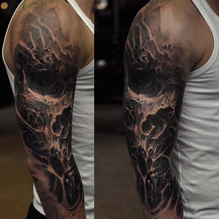 tattoo arm mann, realistische detaillierte tätowierung mit schödek als motiv