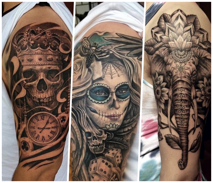 tattoo motive männer, schädel mit krone und taschenuhr, elefant mit mandala motiven
