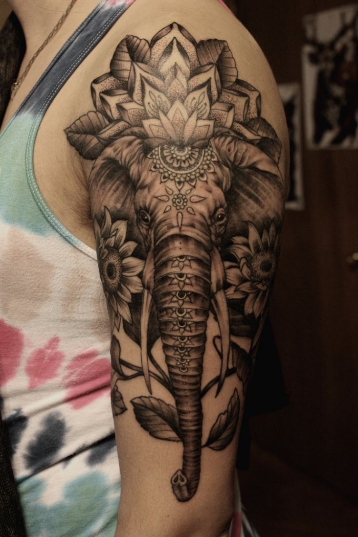 elefant in kombiantion mit mandala motiven, tattoos für männer, arm