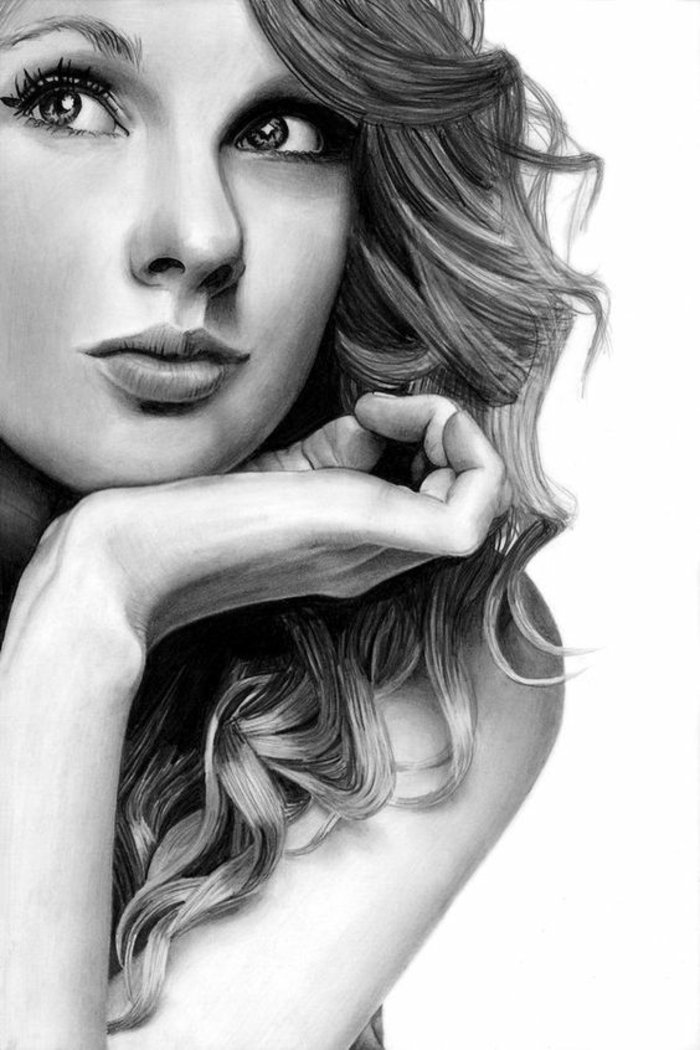Taylor Swift, schöne Bilder zum Abzeichnen, ein traumhaftes Gesicht mit großen Augen und volle Lippen