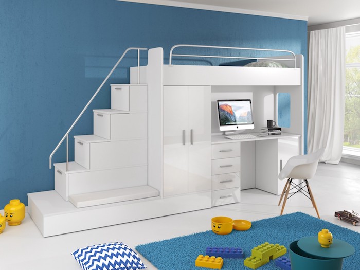 Weißes Hochbett mit Treppe, Schreibtisch und Kleiderschrank, Kinderzimmer Einrichtung