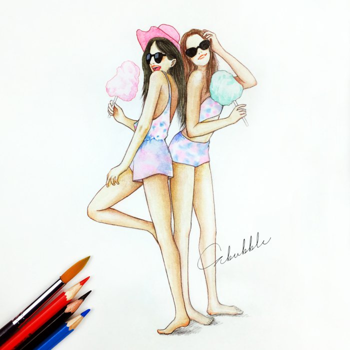 zwei Mädchen mit rosa und blauer Badeanzug, mit Sonnenbrillen, schöne Bilder zum Abzeichnen