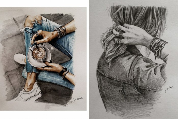 zwei Zeichnungen mit Denim Bluse und Hosen, zwei Hände mit Armbänder, schöne Bilder zum Abzeichnen