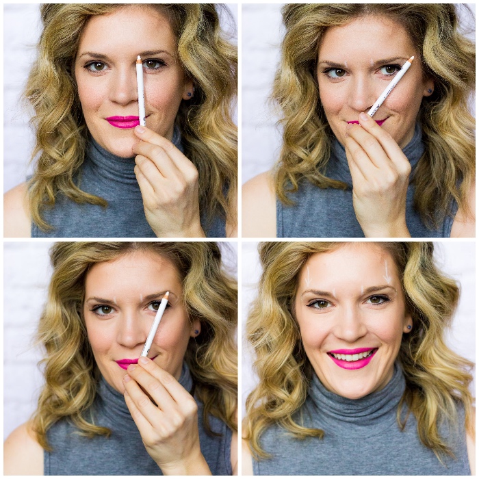 rosa lippenstift, make up tutorial, weißer stift, augenbrauen gesichtsform anpassen