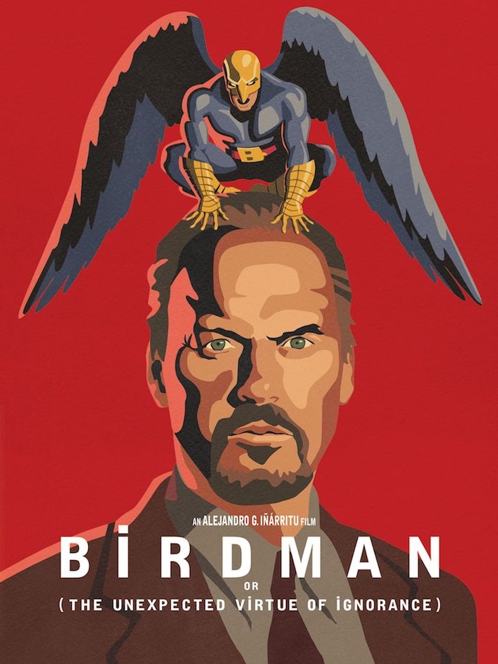 ein mann mit einem blauen kostüm eines superheldens und mit blauen federn, der poster von birdman, mann mit bart und grünen augen