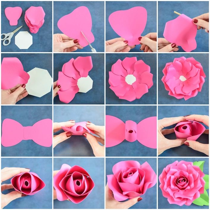 Wie macht man Rose aus Papier, DIY Anleitung in sechzehn Schritten, rosafarbenes weißes und grünes Papier 