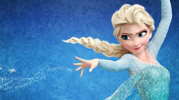 die Eiskönigin schafft eine Magie aus Eis, blaues Kleid, kleine Schneeflocken, blondes Mädchen