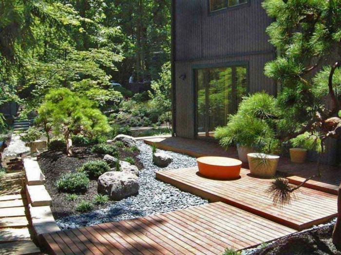 Terrassendiele, Kies Steine und kleine Bäume und Büsche, der Hinterhof eines Hauses, moderne Gartengestaltung