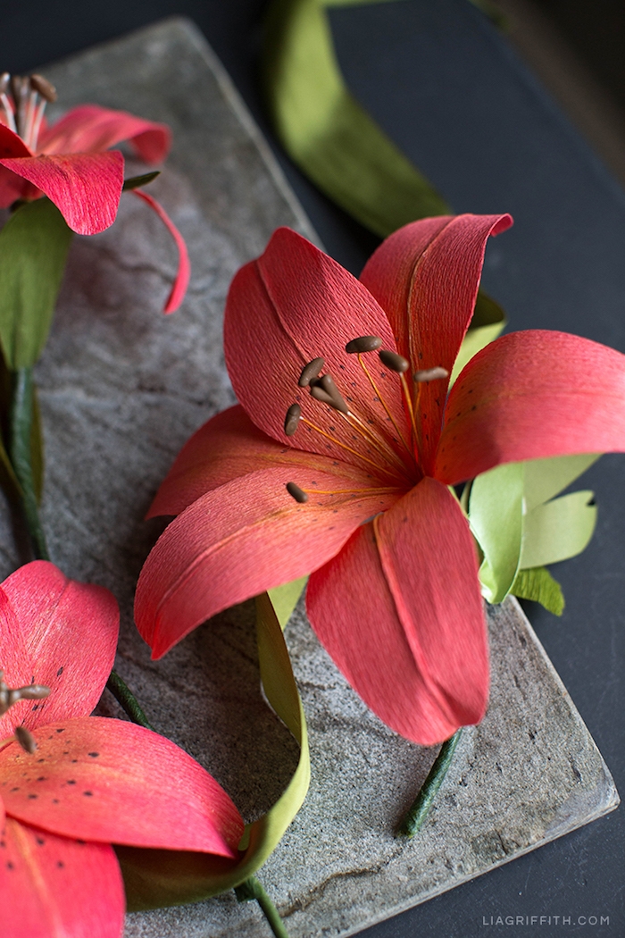 Rote Lilien aus Papier, schöne Idee für DIY Geschenk zum Muttertag, Bastelideen mit Papier für Erwachsene 