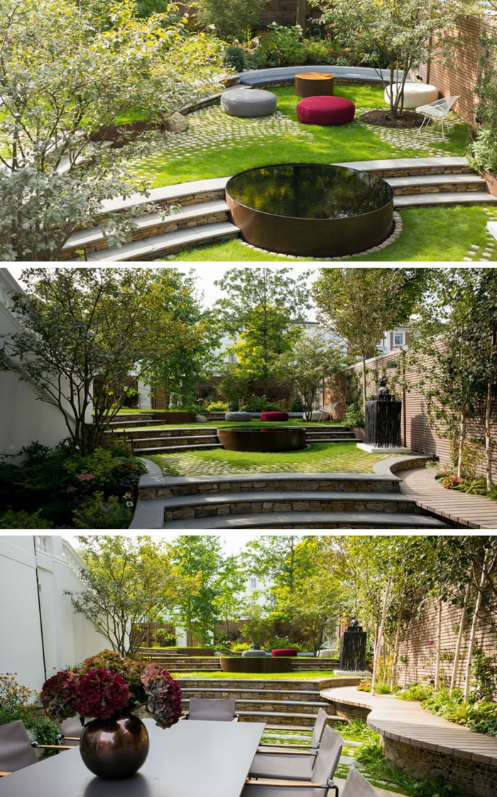 Moderne Gartengestaltung, drei Fotos von einem schönen Garten mit Wasserspiel und grüne Bäume