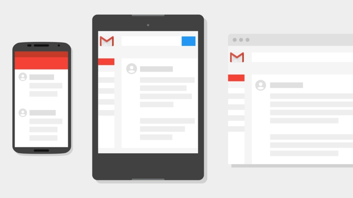 drei Geräte, Smartphone, Tablet und Laptop, auf ihre Bildschirme ist Gmail zu sehen