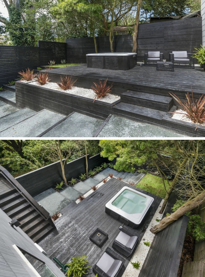 ein Whirlpool, graue Terrassendiele, Beete mit Kies bedeckt, Ziersträucher, Gartengestaltung Bilder