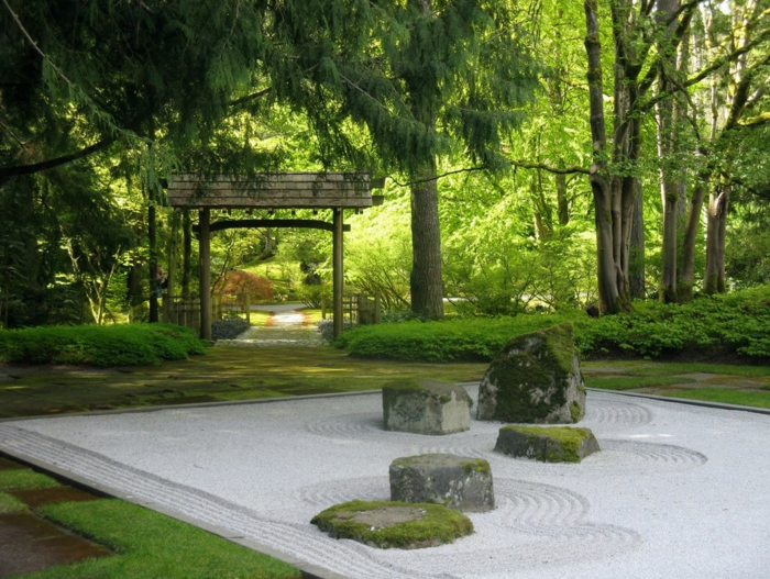 ein weißer Sand, hohe Bäume, Moos, ein Tor wie aus Japan, Garten Ideen für japanischen Garten