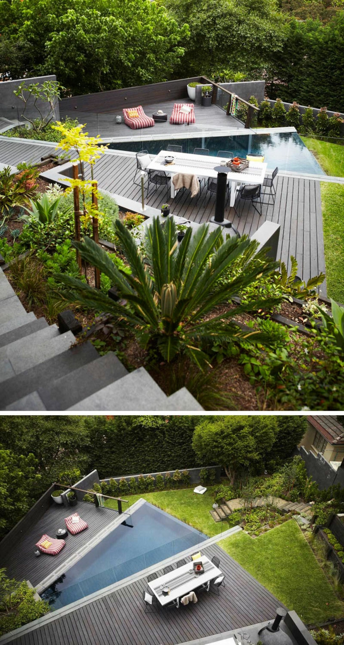 Gartengestaltung Ideen für einen modernen Garten, ein Teich, zwei Liegestühle, und Esstisch