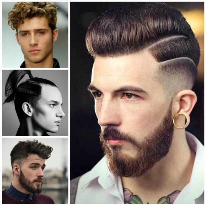 männerfrisuren, haare stylen ideen, collage mit vier männer, bart und haarstyle, ausgefallene ideen mode für männer