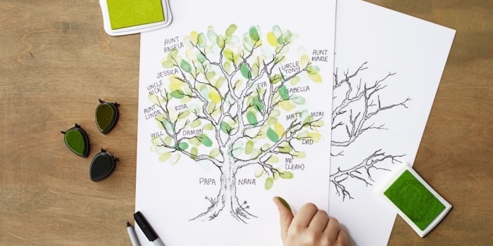 Bastelideen Kinder, Familienbaum zeichnen und mit Grün und Gelb einfärben, schöne Blätter gestalten