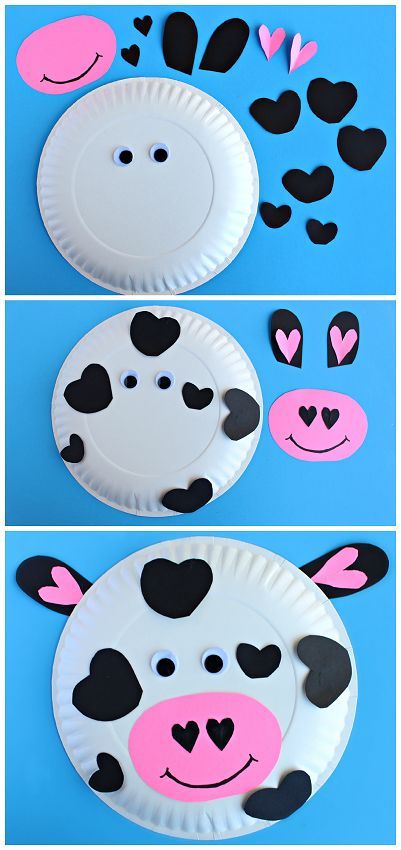 Basteln Kindergeburtstag, blauer Hintergrund, weißer Teller als Kuh gestalten, schwarze Papierstücke aufkleben und rosarote Mund, Augen und Ohren aufkleben 