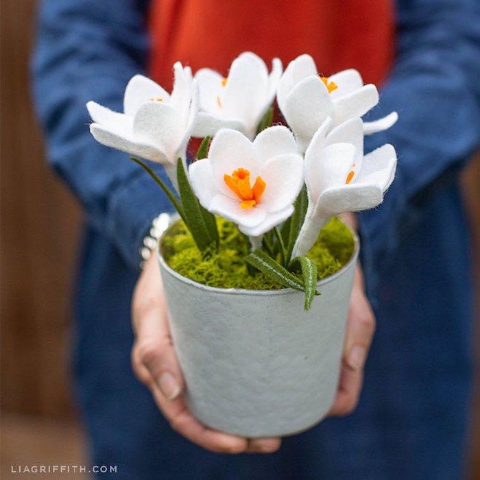 Weiße Krokusse aus Filz in Blumentopf, schöne Ideen für handgemachte Frühlingsdekoration 