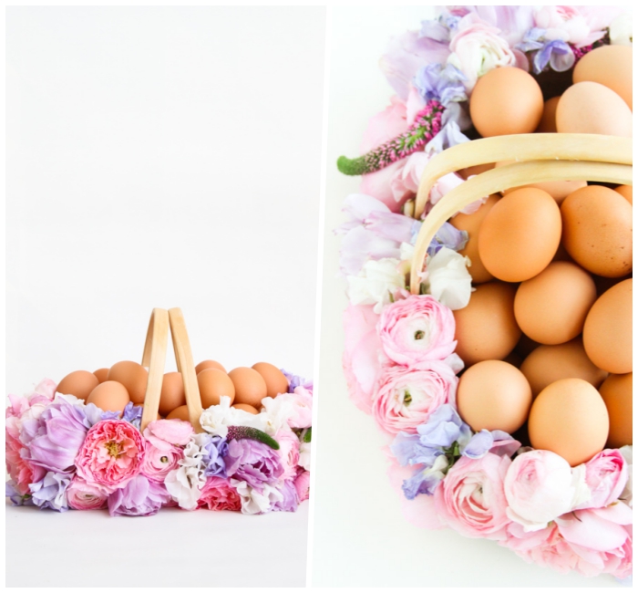 osterdeko selber machen, osterkörbchen basteln, viele eier, korb dekoriert mit blumen