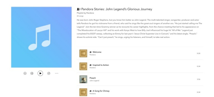 ein Playlist mit Musik von John Legend in Pandora Stories