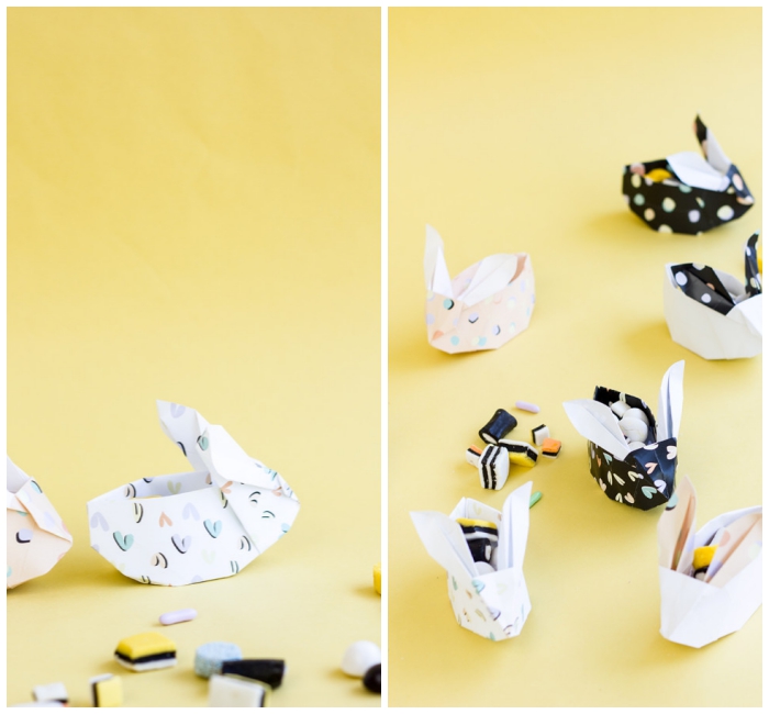 papierkörbchen falten, origami hasen selber machen, kleine papierhasen, diy