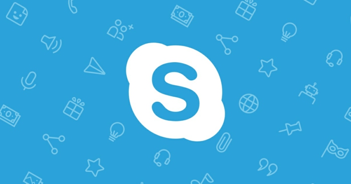 das Logo von Skype mit allen kleinen Icons von den verschiedenen Funktionen, weicher Hintergrund