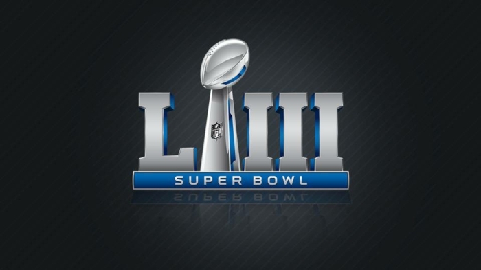 das Logo von Super Bowl mit der Nummer in latainischen Ziffern, auf schwarzen Hintergrund
